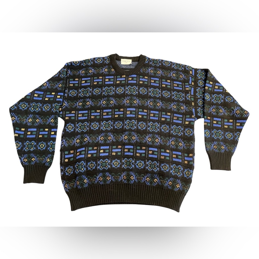 Men's Black and Blue Patterned Crewneck Sweater
